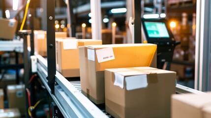 Automated sorting system for packages, barcode readers in use, efficient, clear light. 
