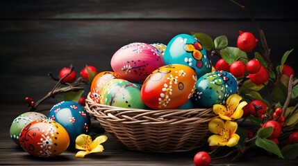 Fototapeta premium colorful easter eggs in basket . With copy space