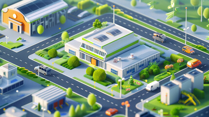Intelligent industrial park scene, 2.5d isometric illustration, minimalist visual style, C4D, isometric macro lens, an industrial park.