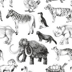 Naklejka premium Seamless pattern with hand drawn extinct animals