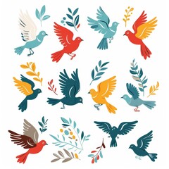 Fototapeta premium Peace dove icon, pigeons, dove twigs doodle sketched collection. Flying birds silhouettes on white