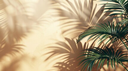 Subtle palm leaf shadows on a warm beige backdrop, perfect for evoking a serene and tropical...