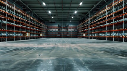 empty shelves interior of distribution warehouse 