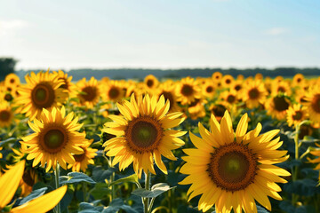 Fototapeta premium A vibrant sunflower field in full bloom, with bright yellow flowers stretching to the horizon under a clear blue sky