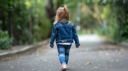 Fototapeta premium Toddler girl walking on sidewalk in denim jacket and jeans
