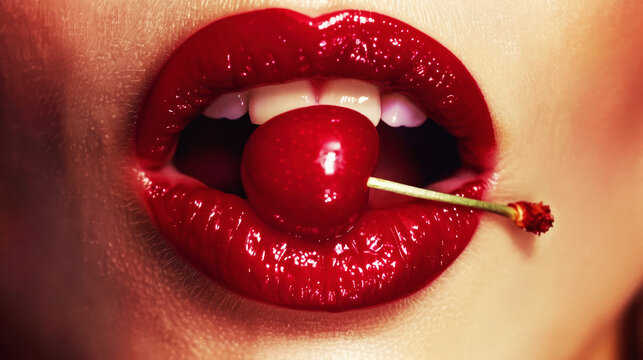 Close up of red lips eating a cherry