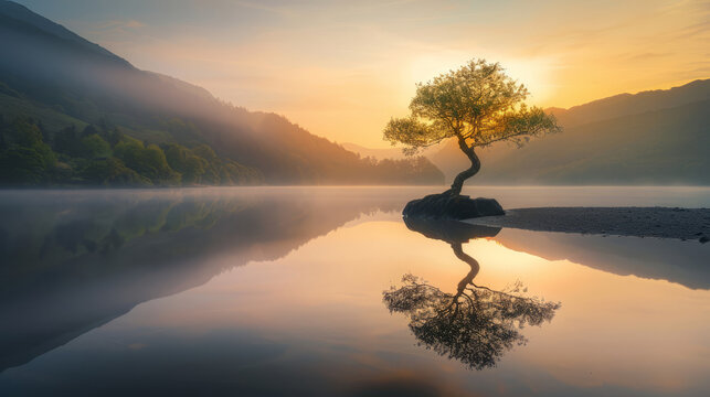 Lonely tree reflecting in the water at sunrise in Snowdonia
