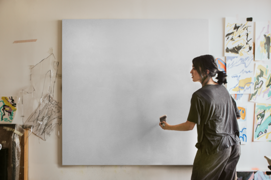 Canvas mockup png, woman artist painting on a transparent artwork