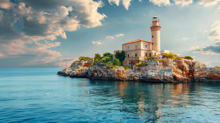 Scenic view of island with lighthouse under dramatic sky