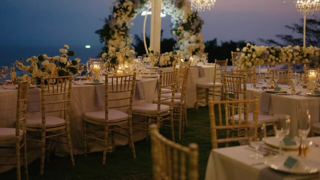 deceoration setting for beautiful event Decoration dinner set up Wedding decor candle catering dinner tabel luxury event. Close up Candlelight bright decoration romantic setting table dinner.