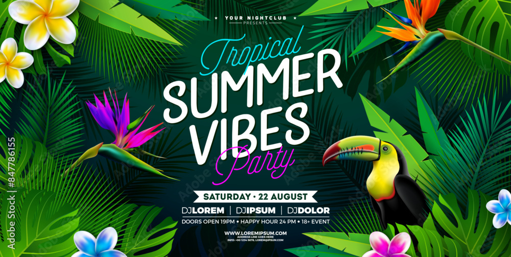 Sticker summer vibes party banner design template with flower, toucan bird and tropical leaves on dark green