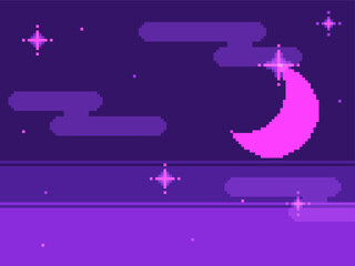 Naklejka premium Pixel Art Styled Nightscape view Skylines wihth Moon Crescent, Bright Purple Colored