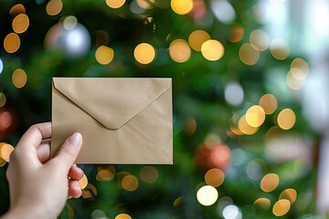 Female hand holding an white envelope over Christmas tree lights background with copyspace. Surprise, present, greeting card concept. Mailing. Christmas mail. Letters to Santa. Holiday card. Xmas wish