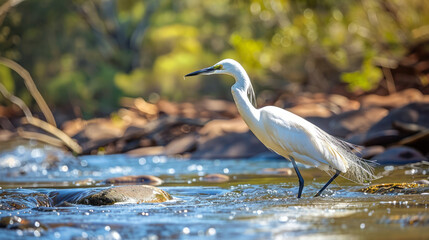 White morph Pacific reef heron standing in a shallow stream