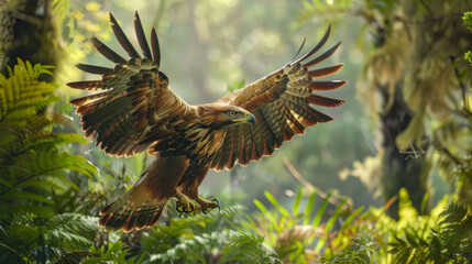 Obraz premium Majestic eagle in flight in lush green forest