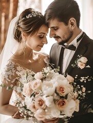 bride and groom wedding couple with a bouquet of light rose and white color flowers