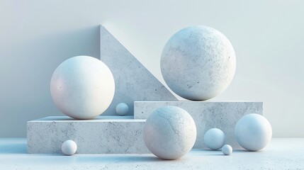 Large and small white textured spheres pedestals 3d rendering image. Serene, monochromatic setting. Geometric wallpaper art colorful realistic. Abstraction concept idea, conceptual photo