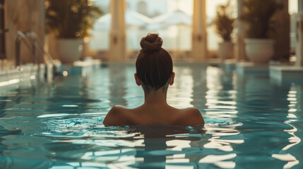 Woman relaxing in swimming pool at luxurious spa resort