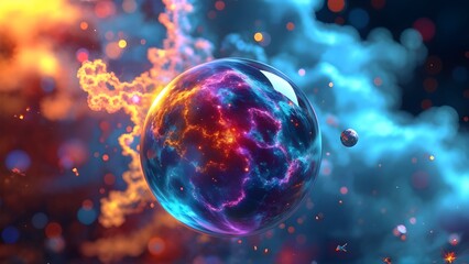 Naklejka premium Photorealistic quantum physics field, vibrant nebular colors, science theme. Generative AI