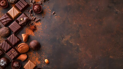 assorted gourmet chocolates rich flavors brown background copy space