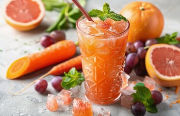 Refreshing Carrot, Grapefruit, and Grape Juice With Ice and Mint