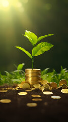 Green plants growing on coins