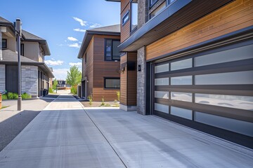 A street view of a modern suburban style executive house. There's a concrete walkway, the exterior walls are brown wood siding and grey brick, and the garage door is a large solid black metal door.