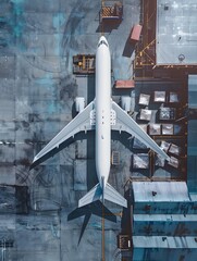 aerial view of cargo plane being loaded or unloaded with freight, airmail shipping packages, shipping boxes at logistic center, transportation concept 