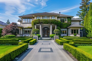 Fototapeta premium Big custom made luxury house with nicely trimmed and landscaped front yard in the suburbs of Vancouver, Canada.