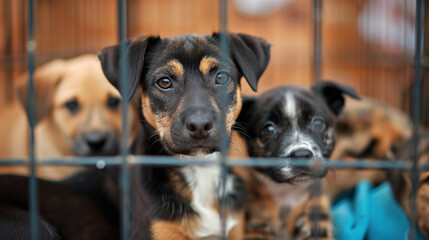 Obraz premium Puppies behind fence looking sad with hopeful expression in eyes pet ownership animal welfare animal adoption, idea eye puppy
