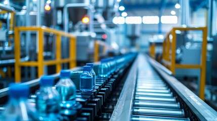 Fototapeta premium Bottles filled with blue liquid transported on conveyor belt in factory, precision production line accuracy