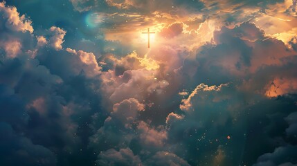 A cross breaking through the clouds, embraced by tranquil sky-blue and resplendent golden tones