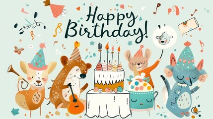 Naklejka premium a group of adorable animals wearing party hats, with a large birthday cake