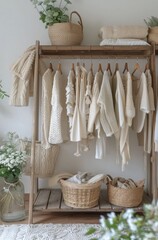 White Knitwear Hanging On Wooden Clothing Rack In White Interior