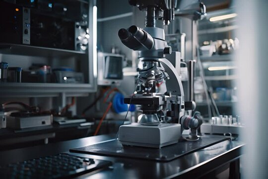 Scanning electron microscope in a physical lab, computer education, atom observation, nano equipment, professional nanoscale, generative ai illustration
