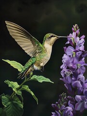 Fototapeta premium a beautiful hummingbird in flight near a purple flower