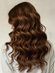 Naklejka premium a beautiful girl portrait with stunning curly long shiny brown hair, seen from the back
