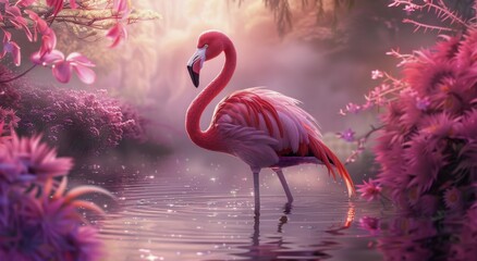 Pink Flamingo Standing In A Pond With Pink Flowers