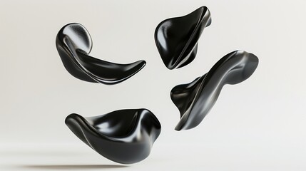 Floating black liquid shapes on white background 3d rendering image. Black forms. Abstract minimalistic wallpaper art colorful realistic. Abstraction concept idea, conceptual photo