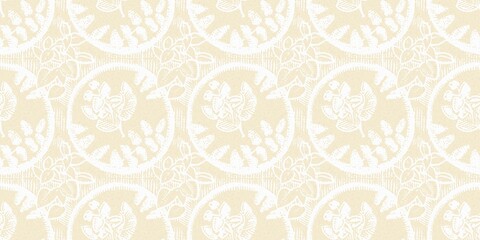 Modern white on cream lace effect wedding border texture. Soft tonal linen openwork block print with subtle hand drawn lattice damask printed fabric banner edge trim. 