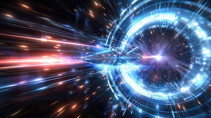 Futuristic spaceship travelling through sci-fi wormhole, epic cosmic space travel, blue and orange streaks, deep outer space