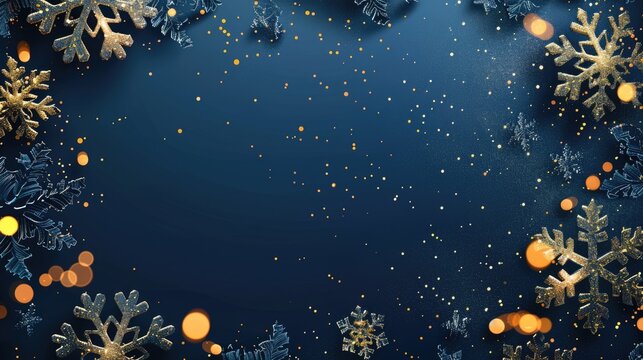 dark blue christmas background with golden snowflakes
