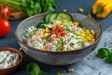 Fresh salad bowl with rice tuna cucumber tomatoes sweetcorn, vibrant food photography, healthy meal, colorful ingredients
