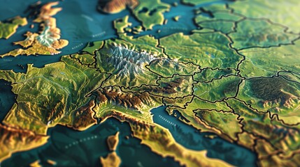 Obraz premium Artistic 3d illustration of topographic map with detailed terrain of Europe