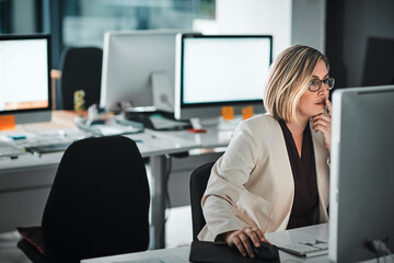 Computer, thinking and business woman planning, research or reading email in office. Idea, decision...
