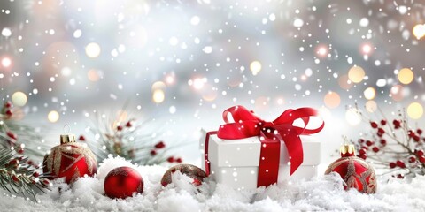 white christmas gift box with red ribbon bow in snow decoration background