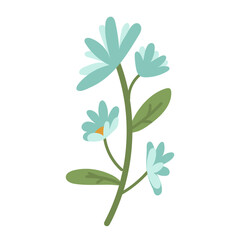 An elegant branch decorated with bright blue flowers on a green trunk with leaves. Flat color illustration. It can be used including greeting cards, invitations, social media graphics and home decor