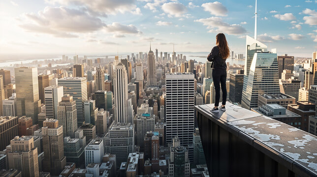 Business Woman Stands On Platform Overlooking San Francisco Cityscape