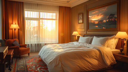 A bedroom with a large window that lets in the sun. The room is decorated with a white bed, a television, and a potted plant. Scene is peaceful and relaxing