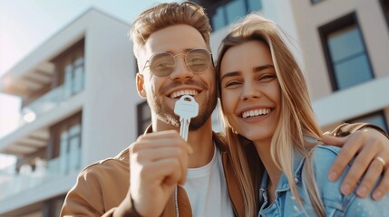 Couple holding keys in front of new home, real estate concept.